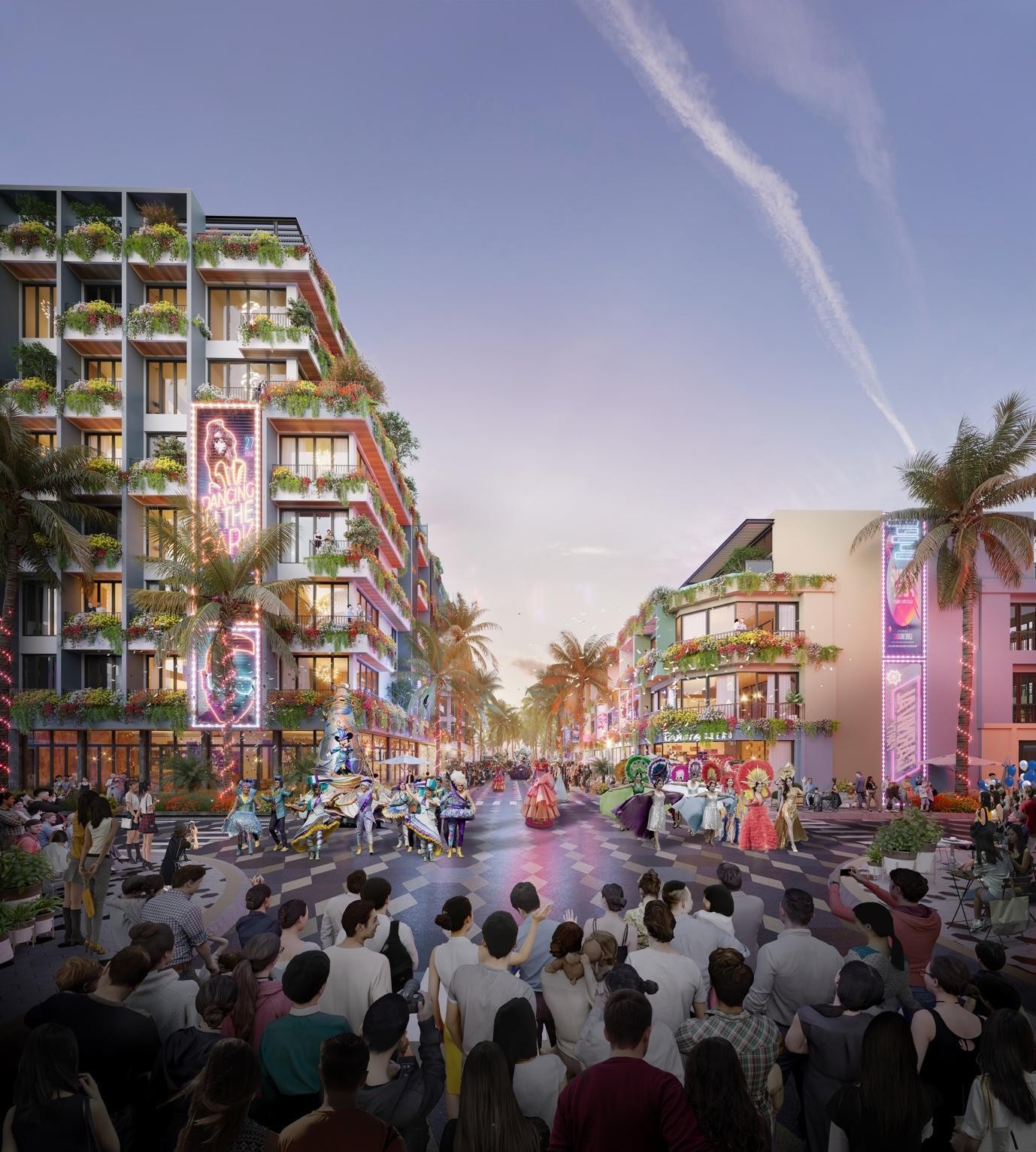 Hình phối cảnh phố đi bộ với các buổi diễu hành.